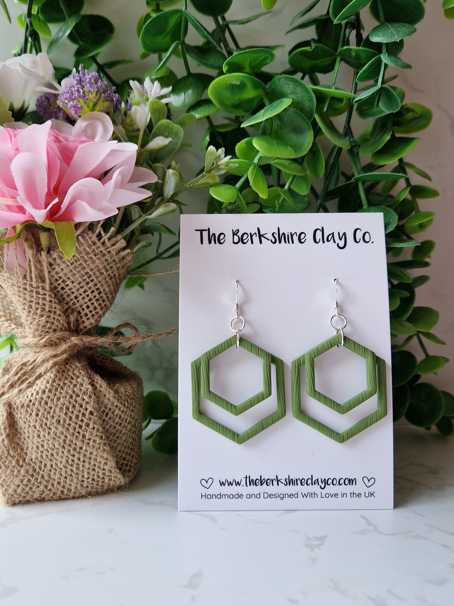 Olive Green Hexagonal Layered Dangle Earrings