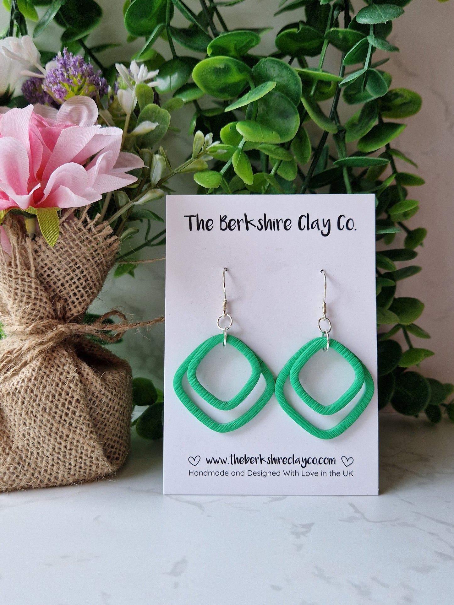 Green Square Layered Dangle Earrings