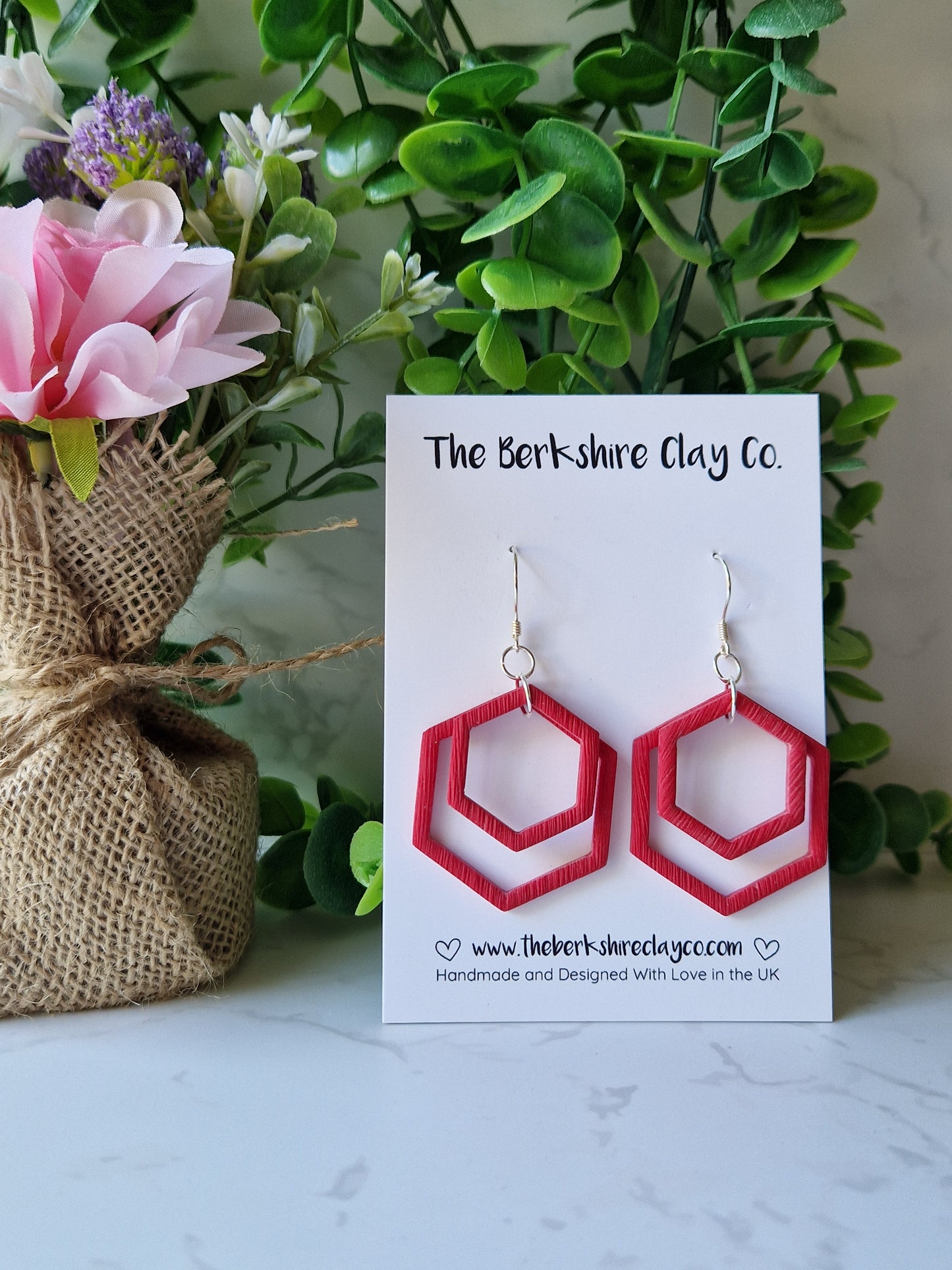 Red Hexagonal Layered Dangle Earrings