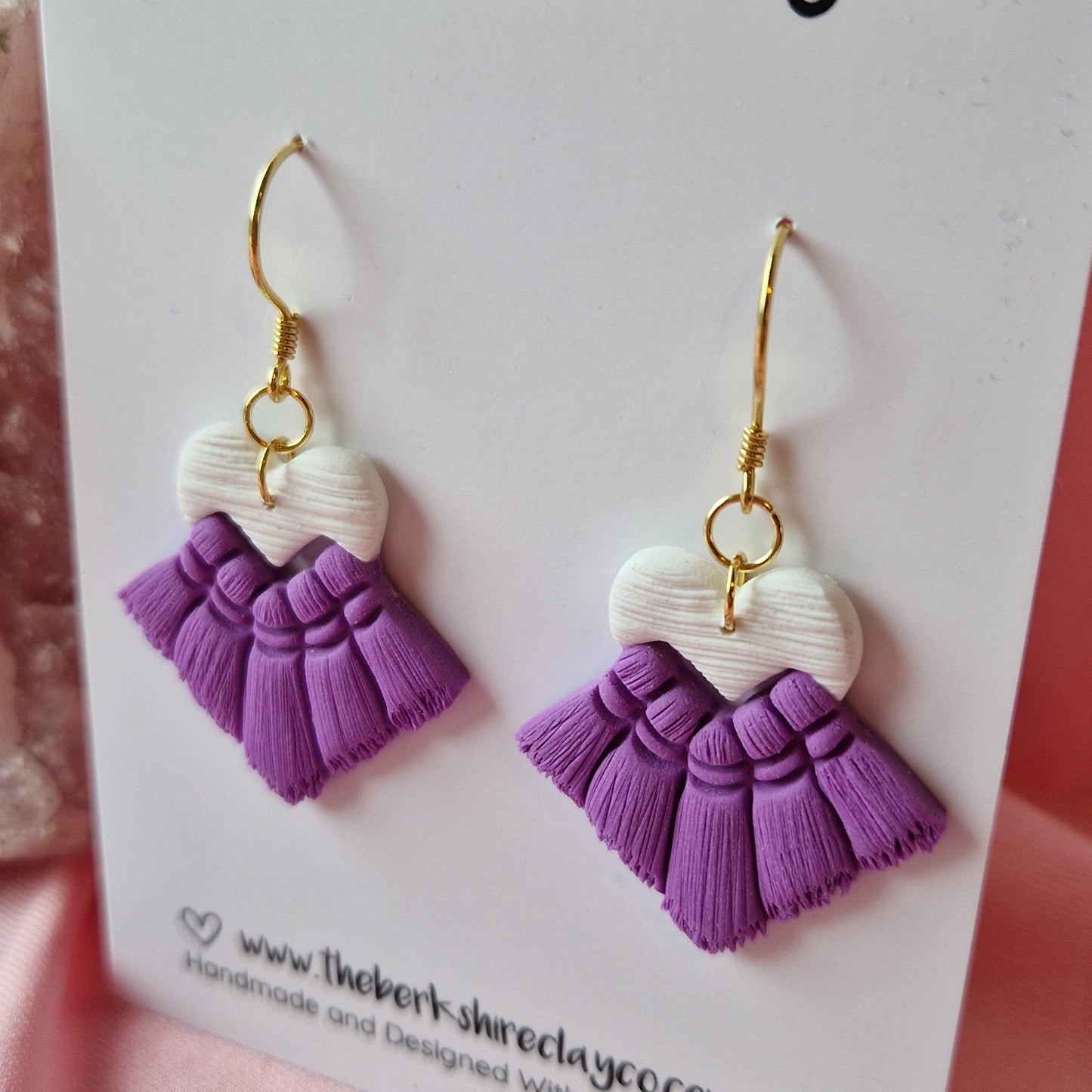 Purple & White Macrame Inspired Heart Dangle Earrings