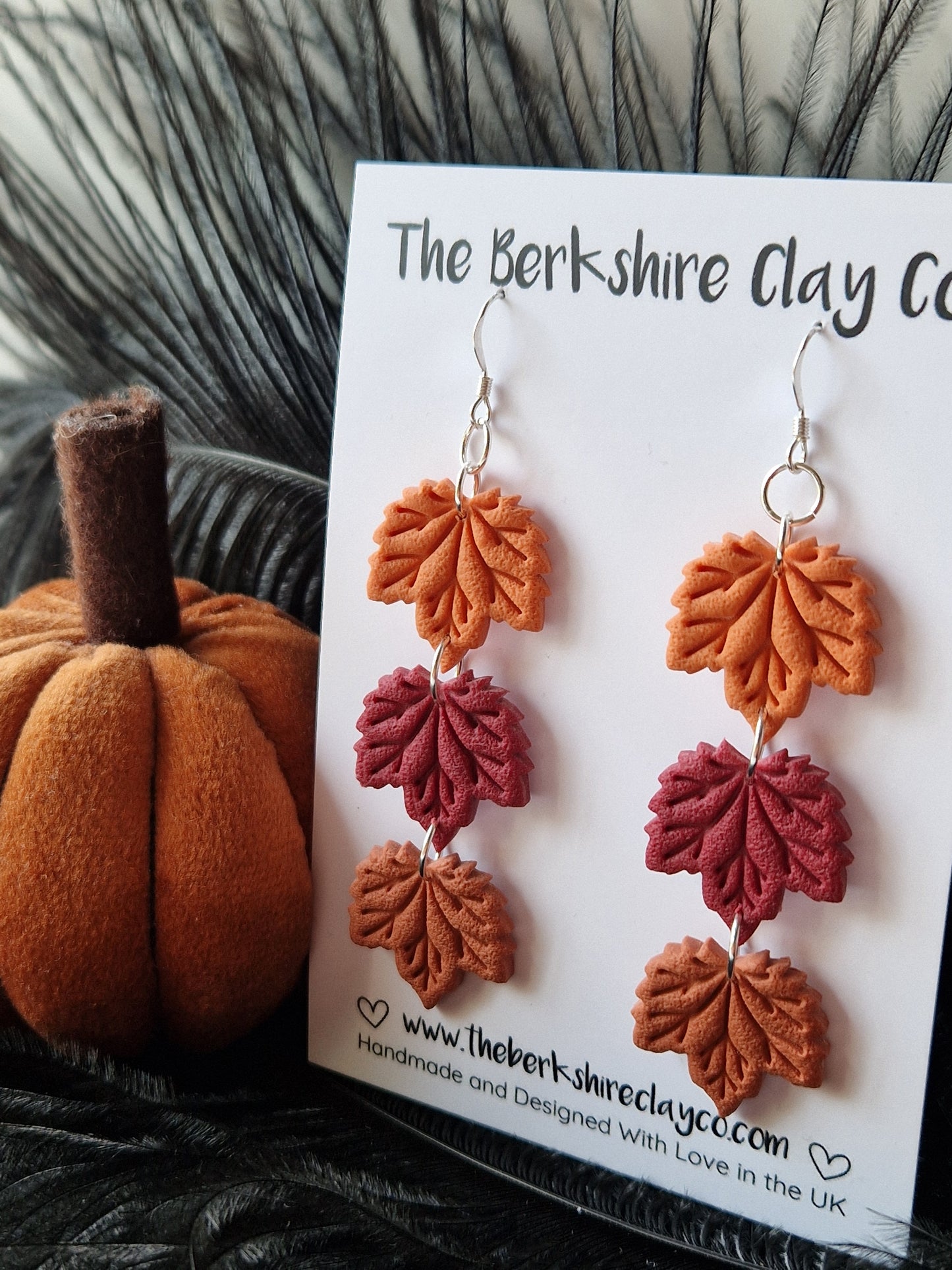 Orange, Cabernet, and Cinnamon Triple Maple Leaf Dangle Earrings