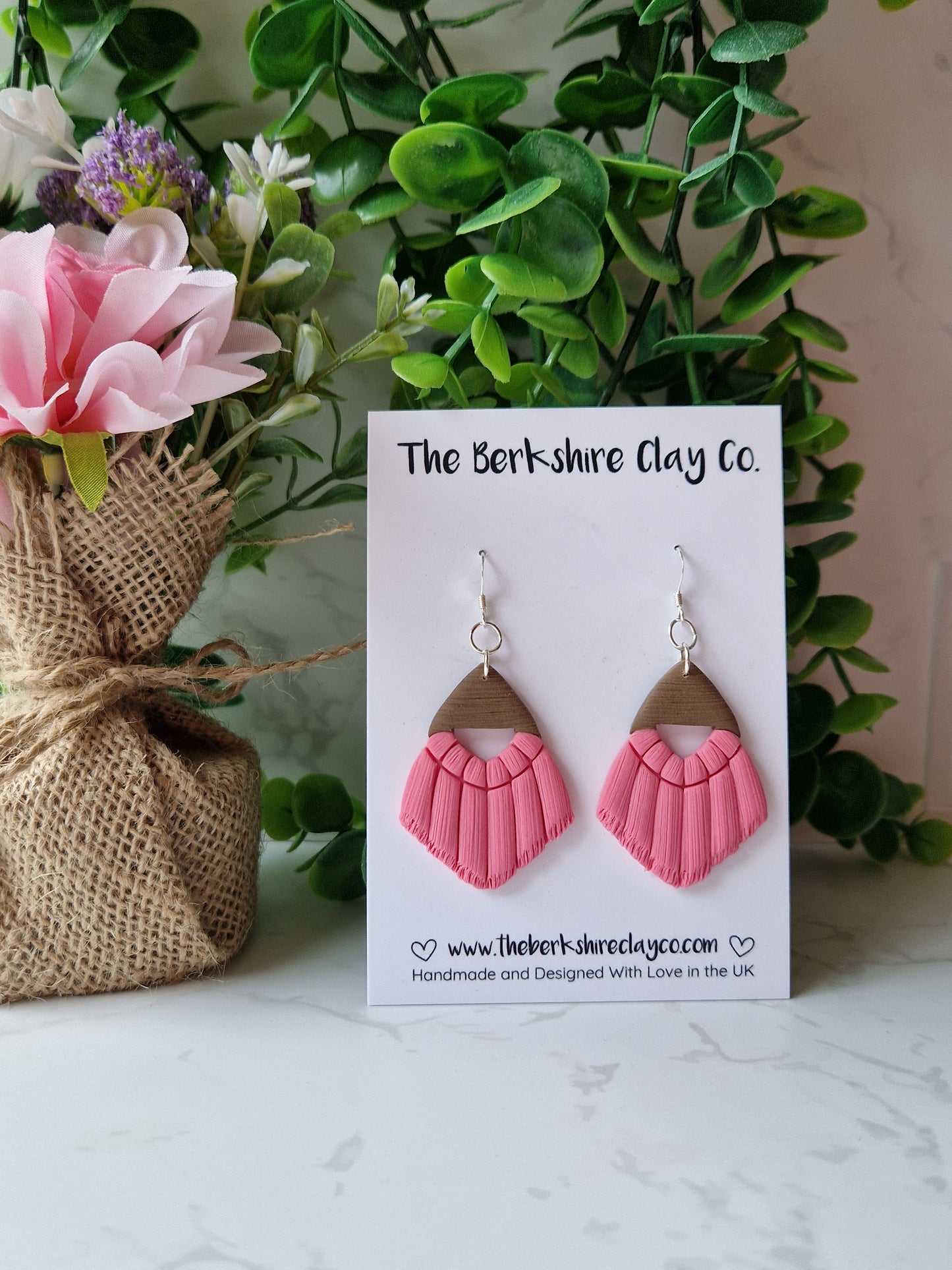 Pink Macrame Inspired Pointy Fan Dangle Earrings