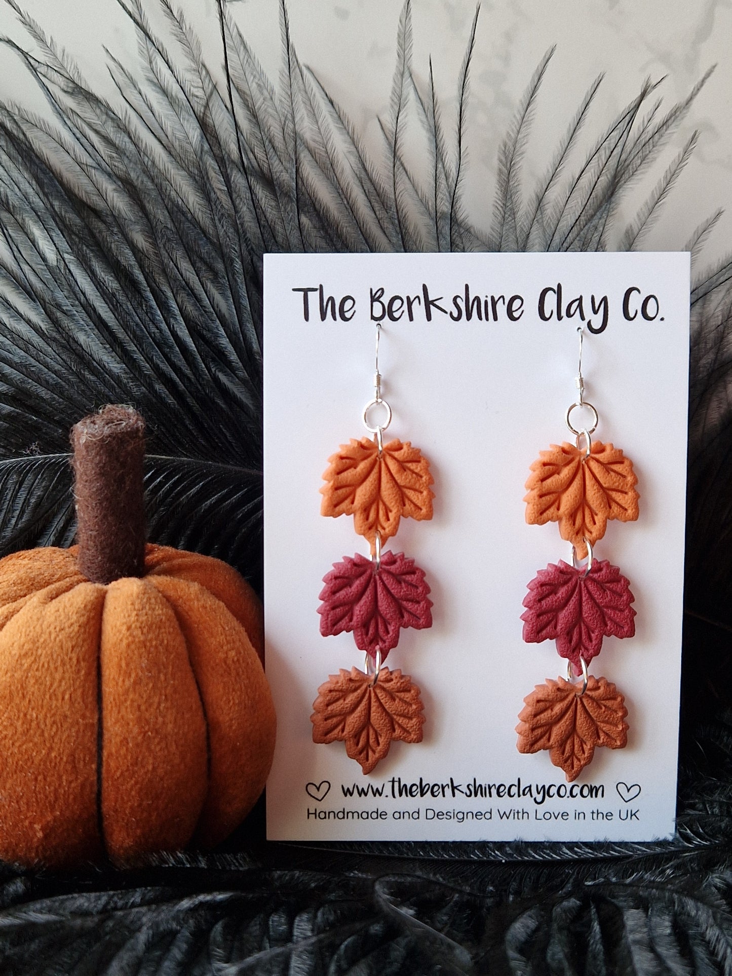Orange, Cabernet, and Cinnamon Triple Maple Leaf Dangle Earrings