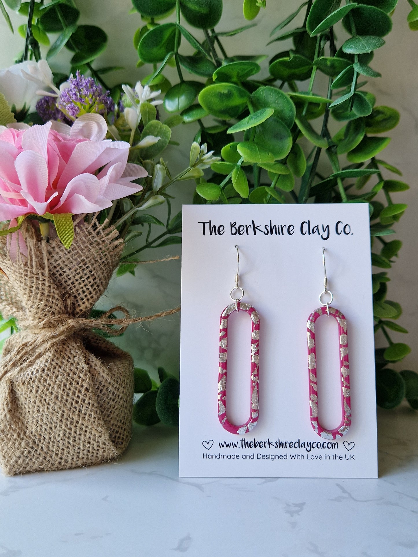Pink & Silver Oval Dangle Earrings