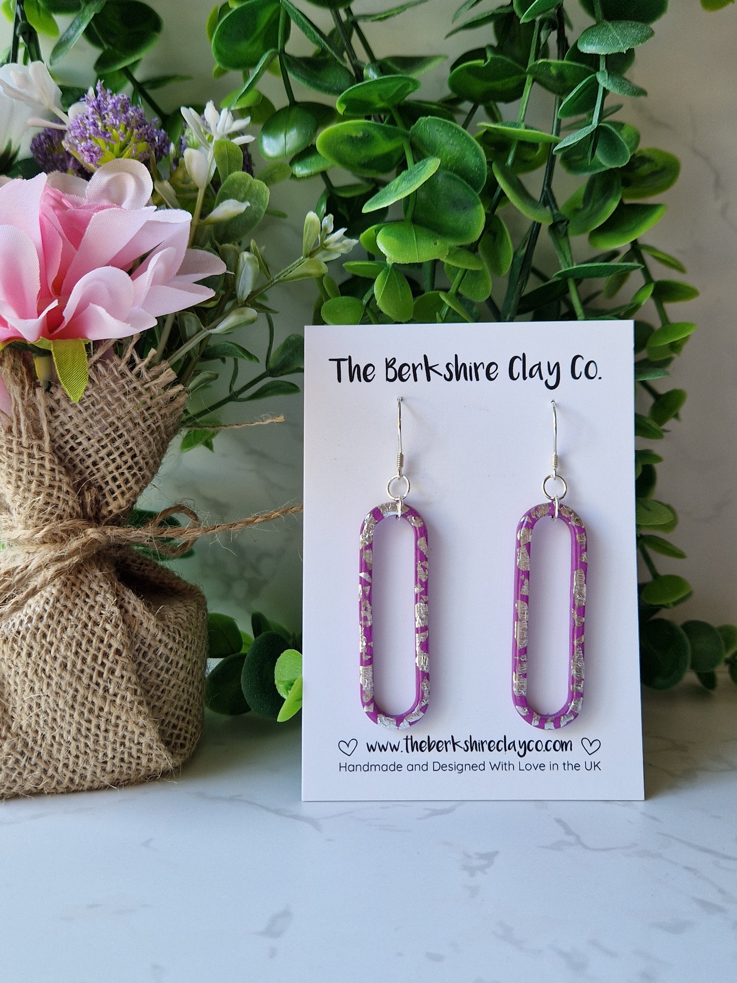 Purple & Silver Oval Dangle Earrings