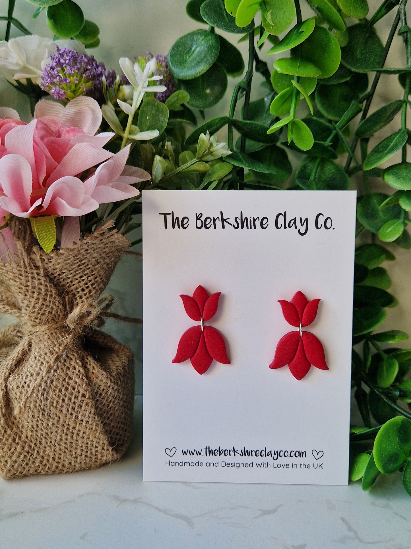 Red Tulip Stud Dangle Earrings