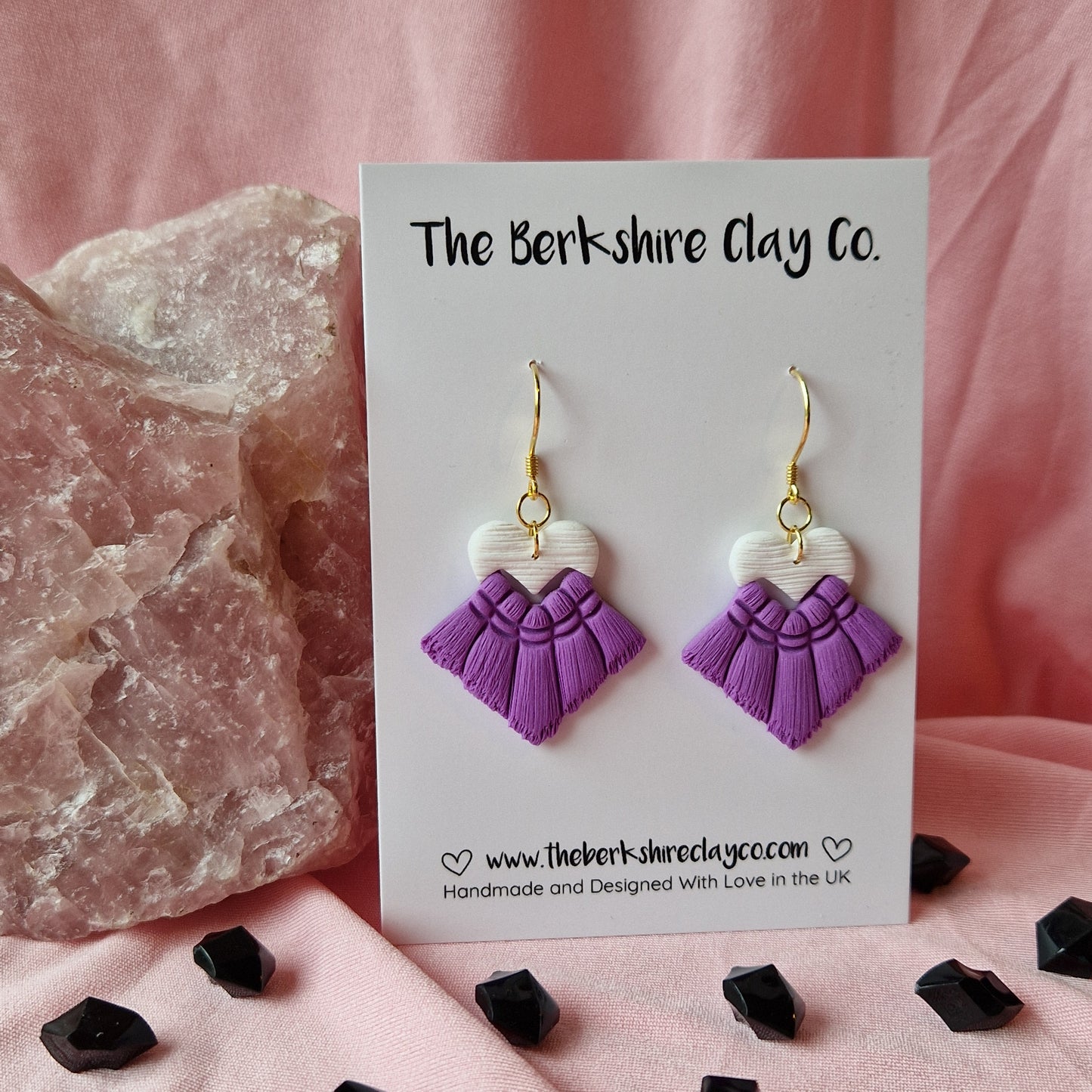 Purple & White Macrame Inspired Heart Dangle Earrings