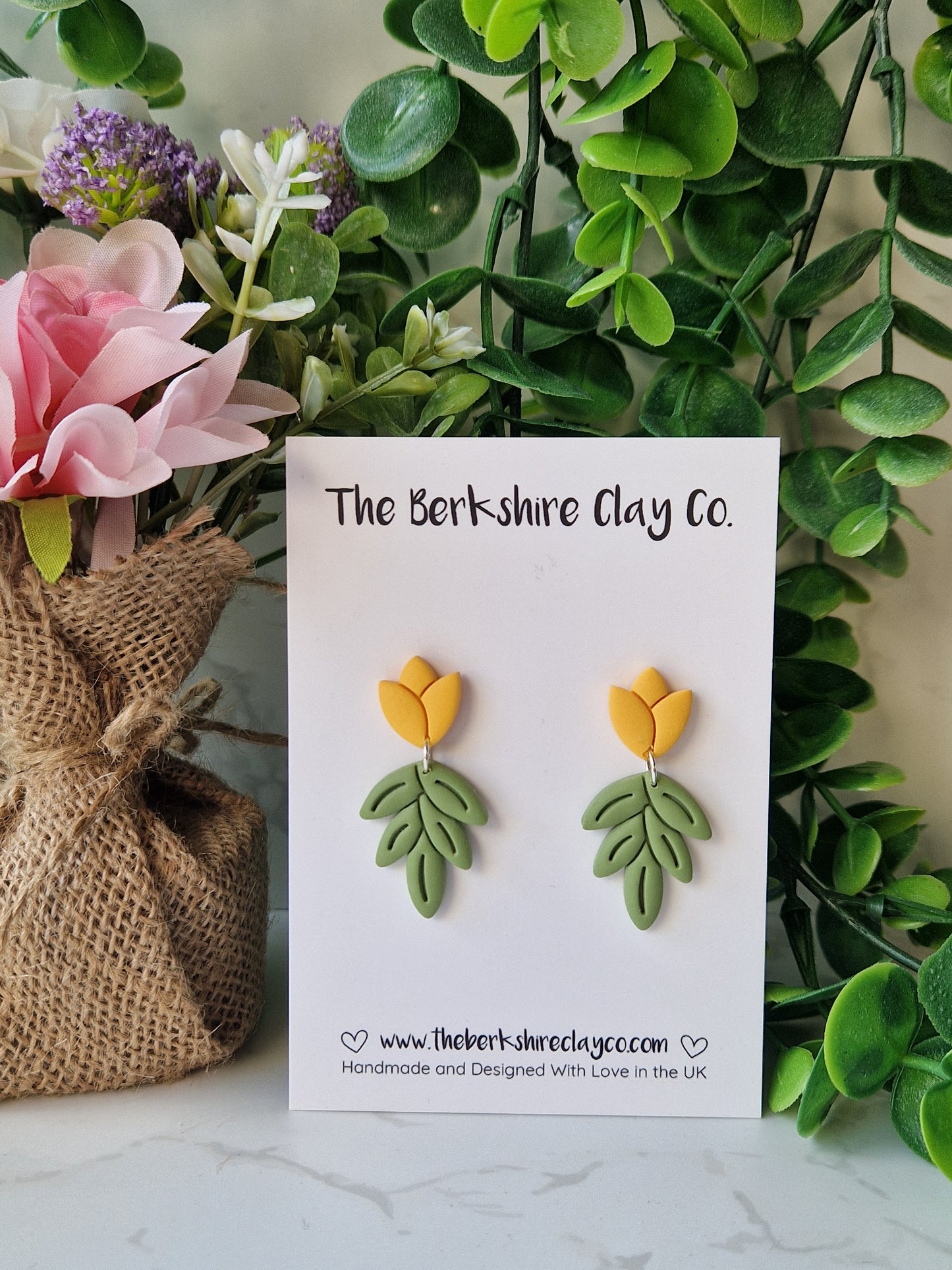 Yellow Tulip Leaf Stud Dangle Earrings