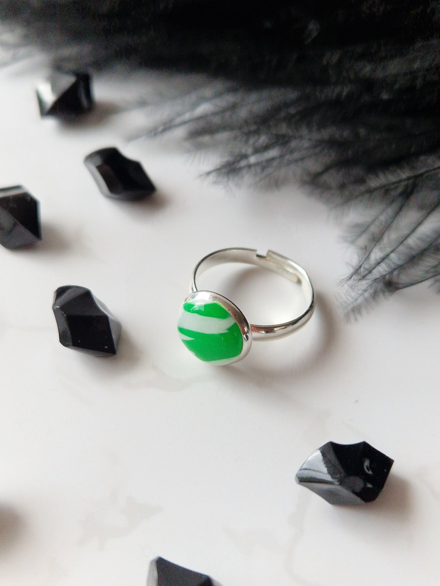Green and White Adjustable Ring
