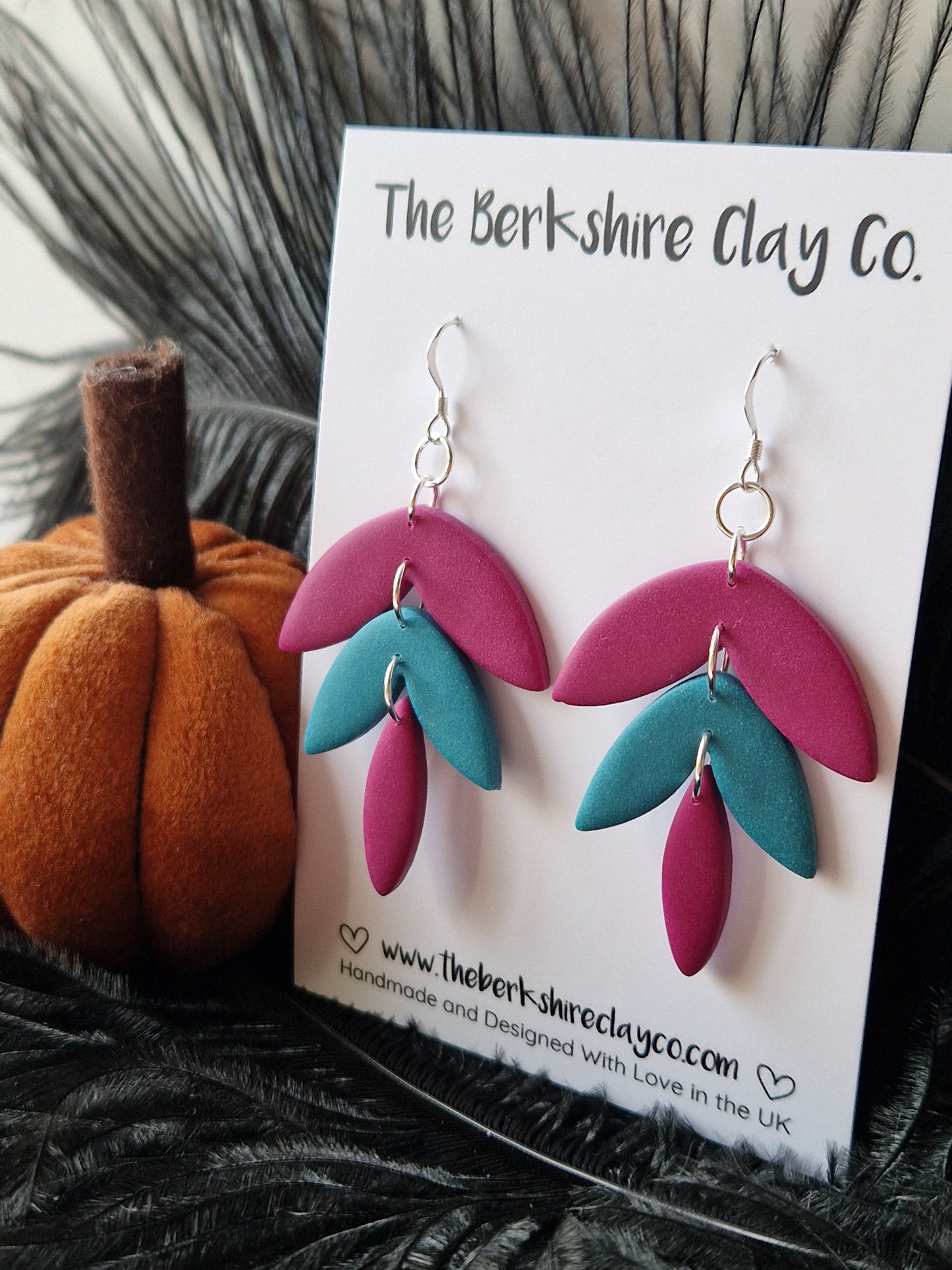 Teal & Turnip Triple Leaf Dangle Earrings