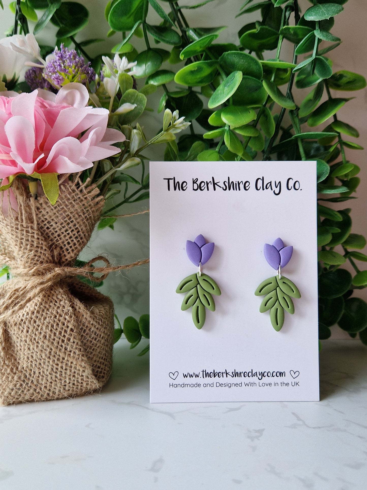 Purple Tulip Leaf Stud Dangle Earrings