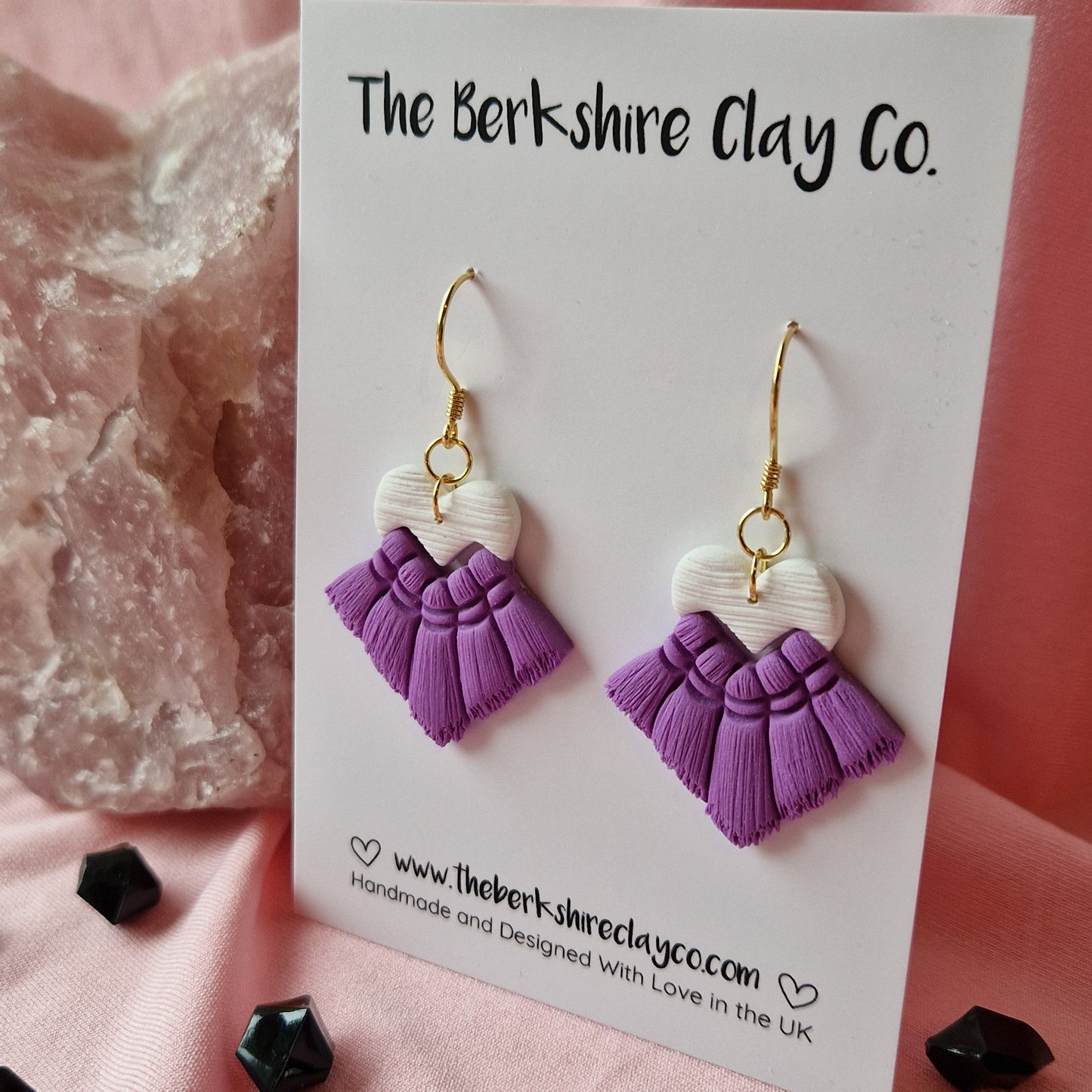 Purple & White Macrame Inspired Heart Dangle Earrings