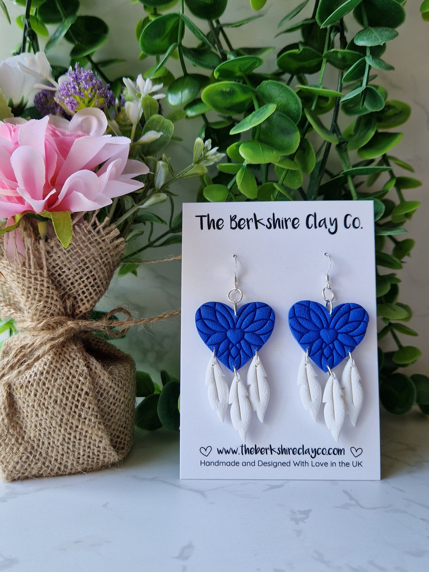 Blue & White Heart Dreamcatcher Dangle Earrings