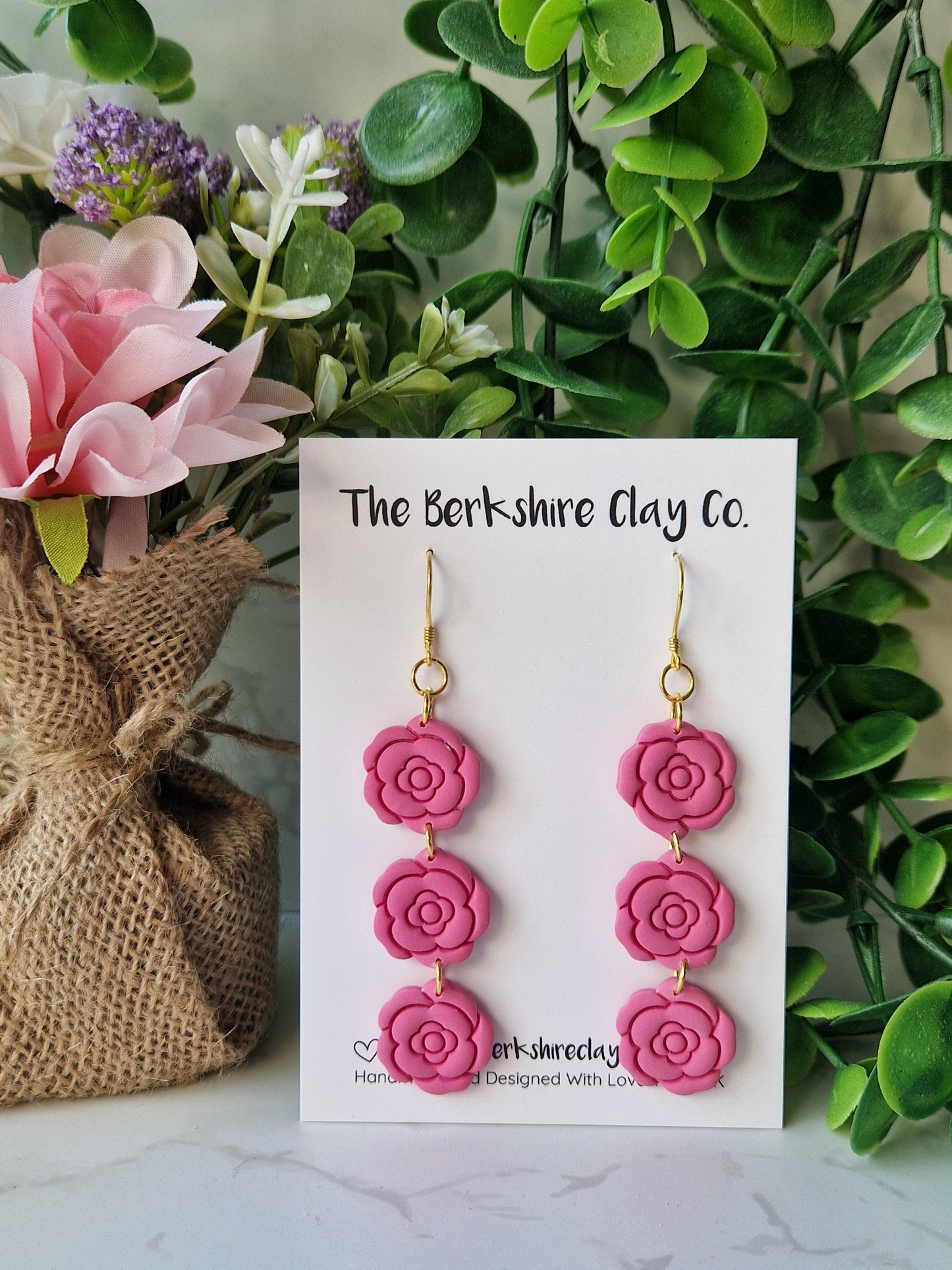 Pink Rose Triple Dangle Earrings