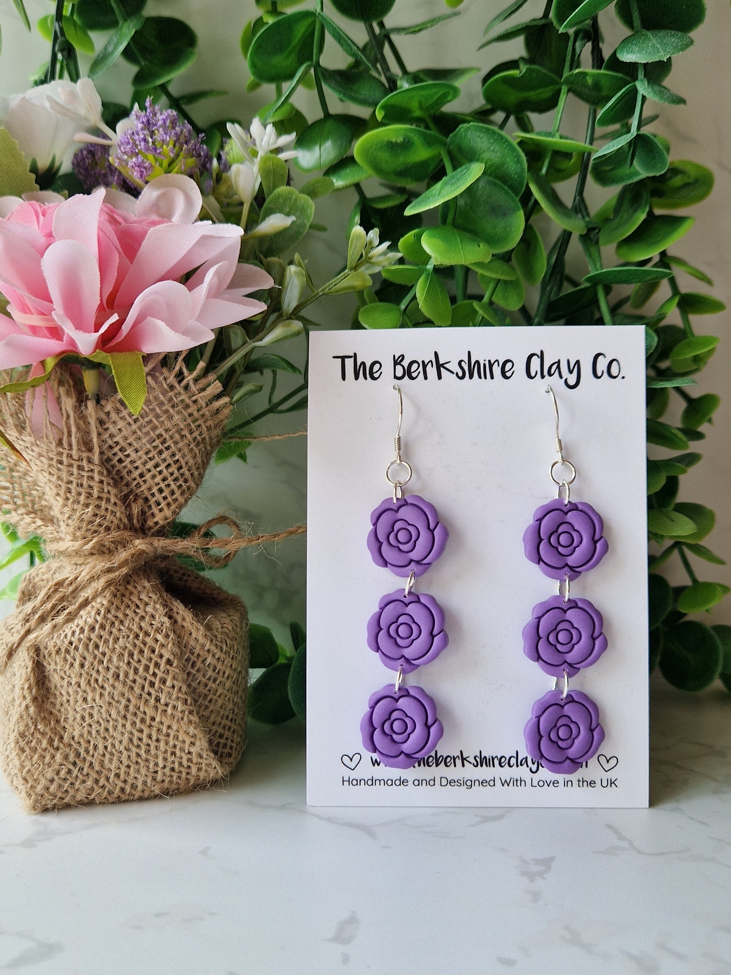 Purple Rose Triple Dangle Earrings