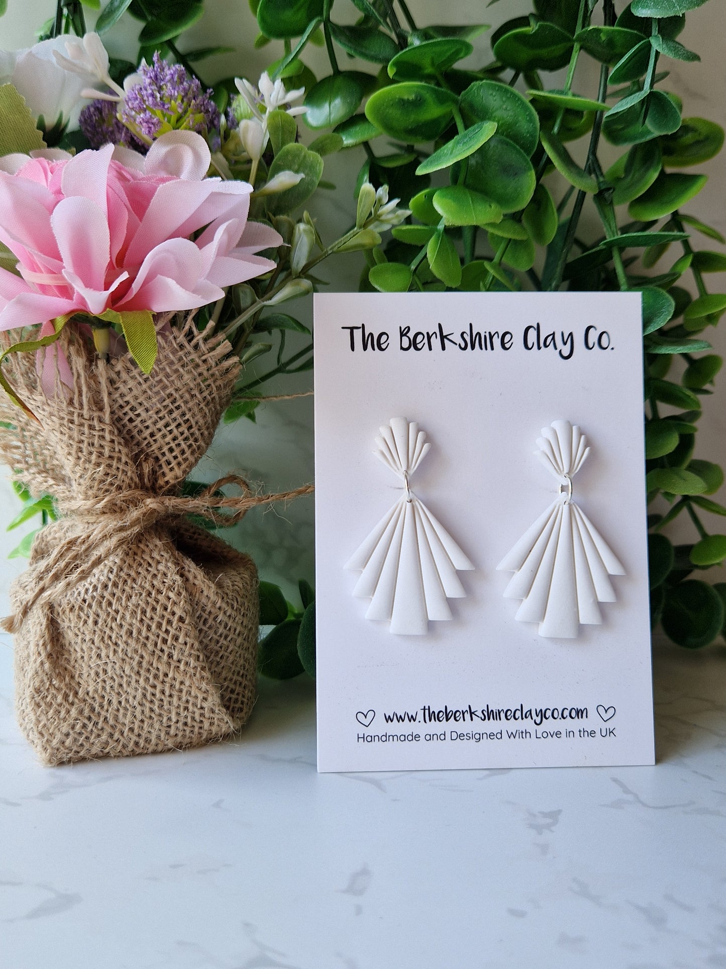 White Art Deco Stud Dangle Earrings