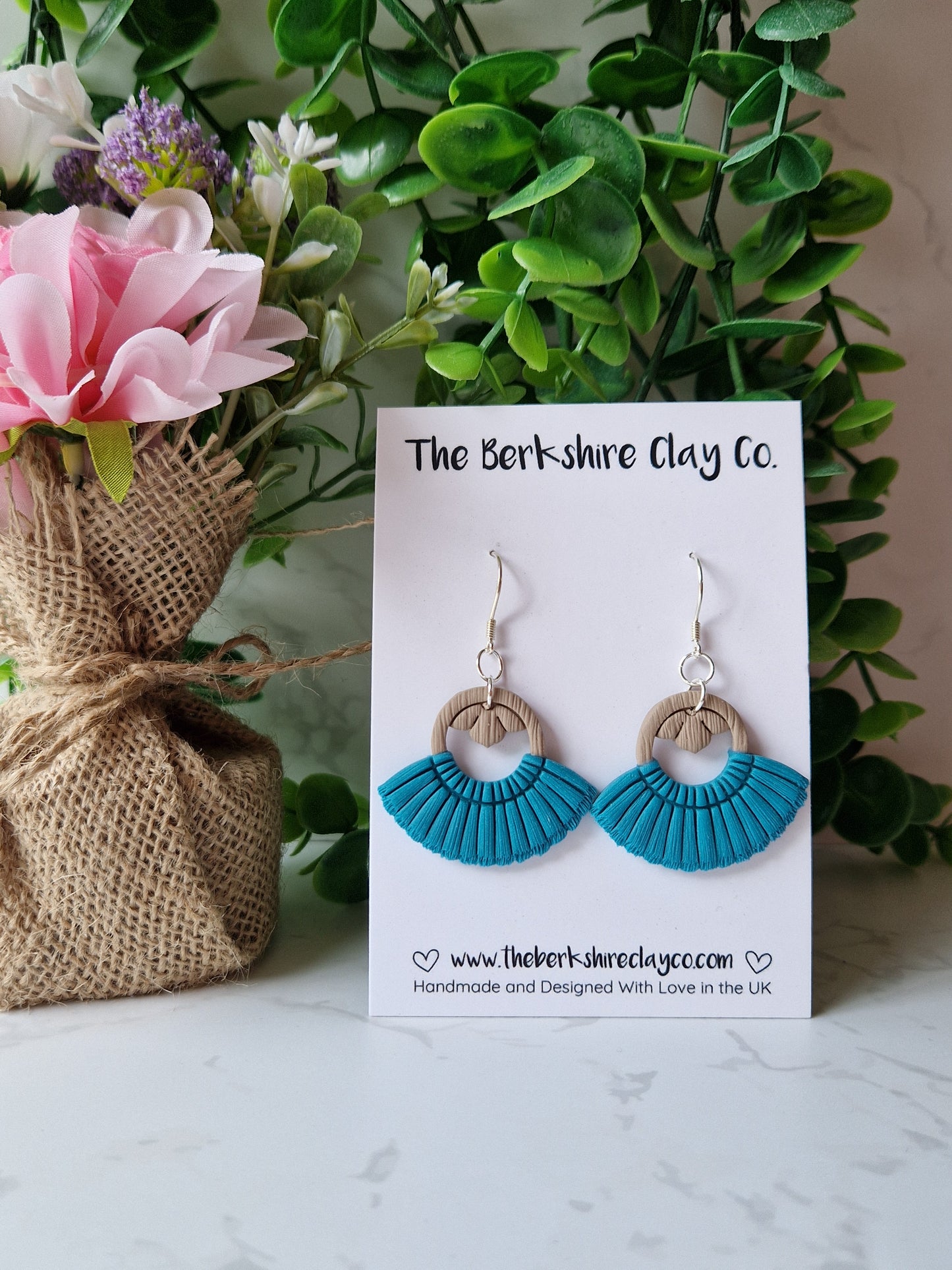 Turquoise Macrame Inspired Fan Dangle Earrings