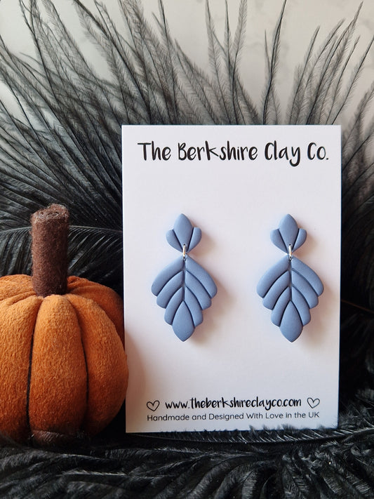 Mid Blue Leaf Dangle Stud Earrings