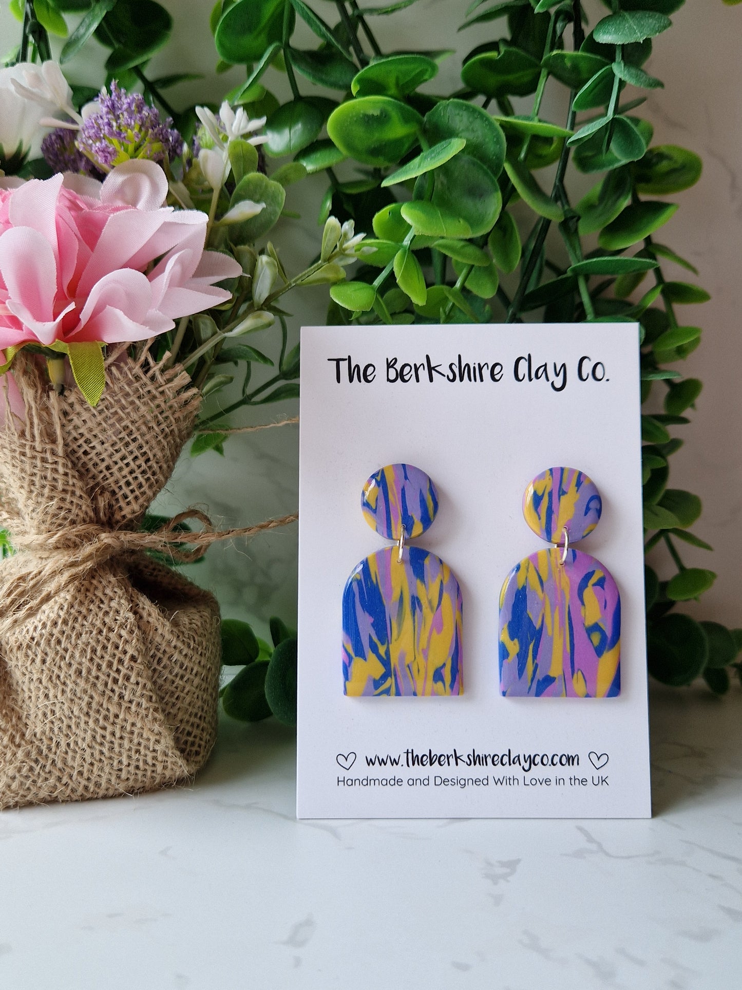 Blue, Yellow and Purple Arch Stud Dangle Earrings