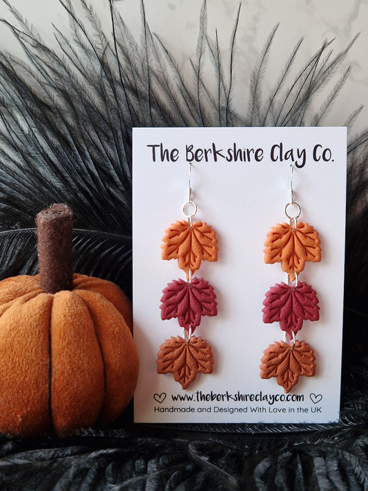 Orange, Cabernet, and Cinnamon Triple Maple Leaf Dangle Earrings