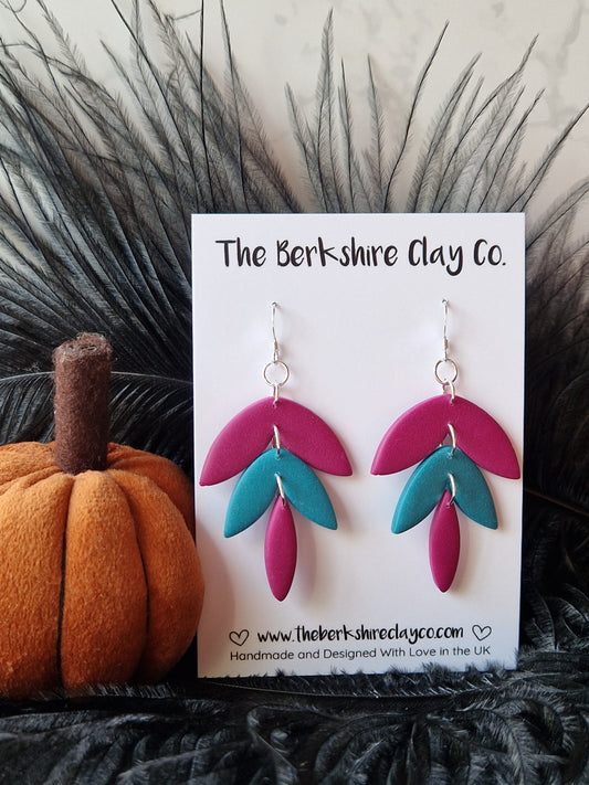 Teal & Turnip Triple Leaf Dangle Earrings