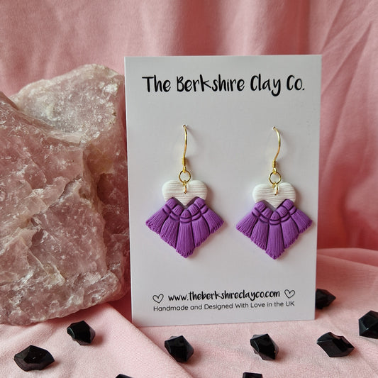 Purple & White Macrame Inspired Heart Dangle Earrings