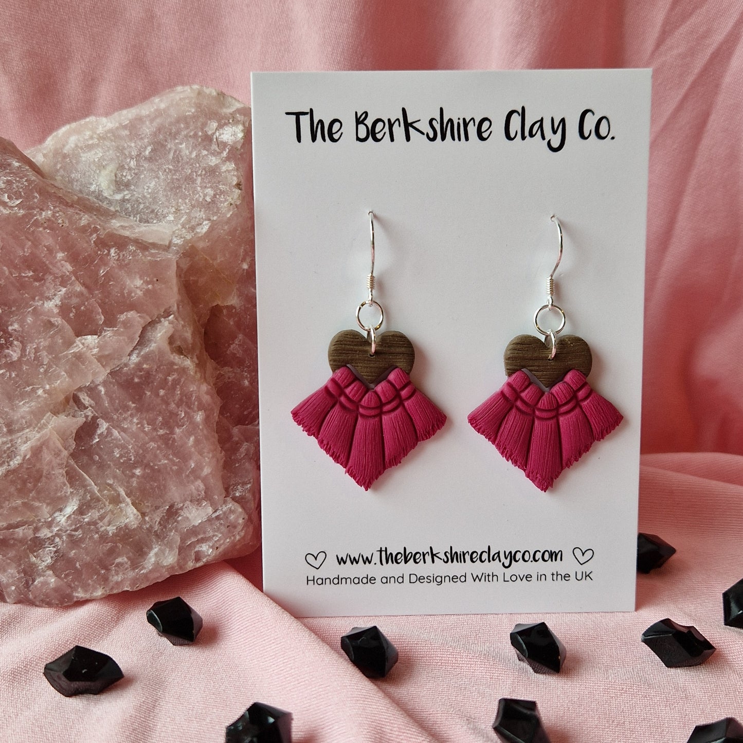 Pink & Brown Macrame Inspired Heart Dangle Earrings