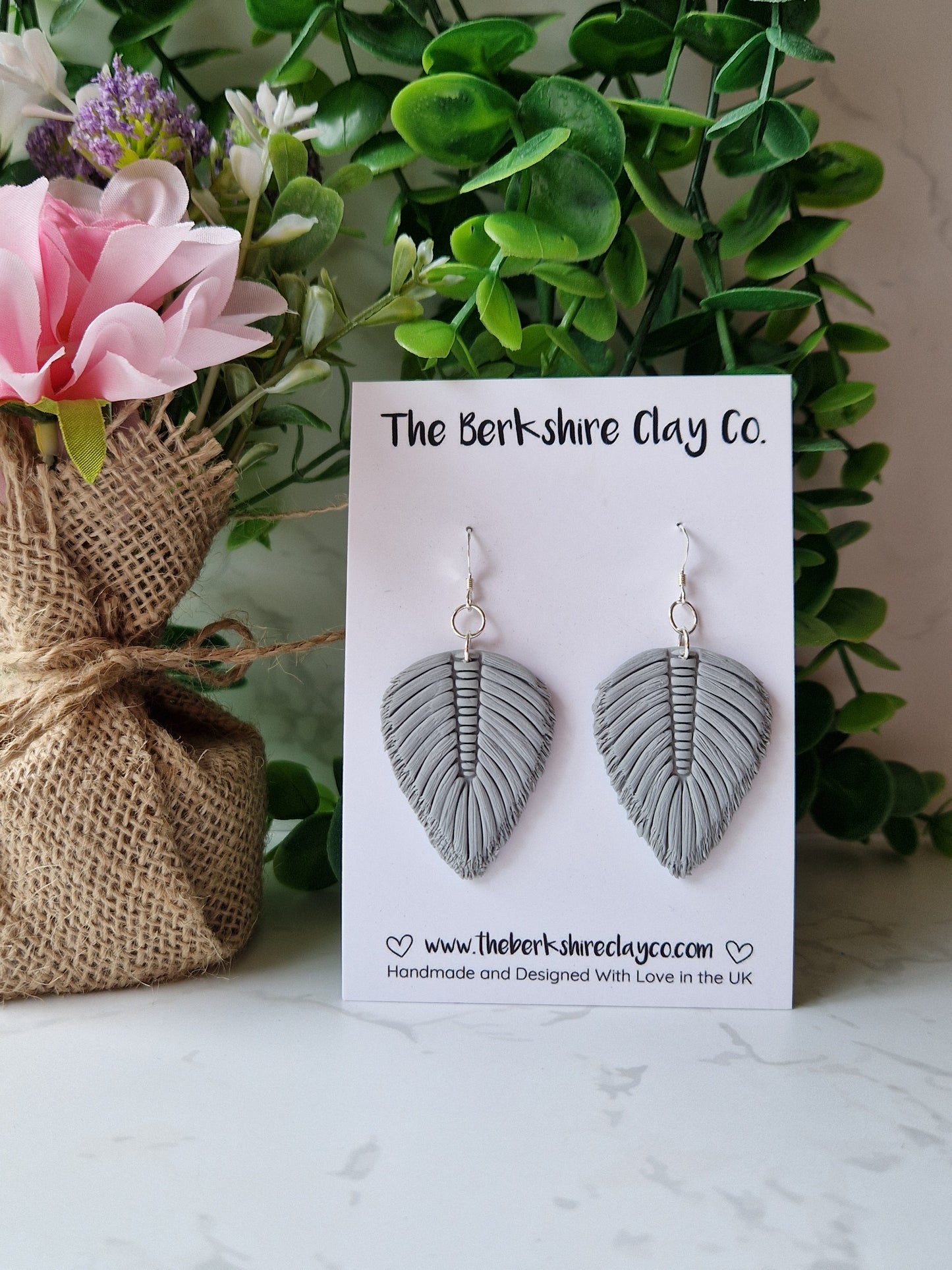 Grey Macrame Inspired Feather Dangle Earrings