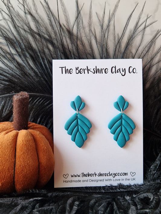 Teal Leaf Dangle Stud Earrings