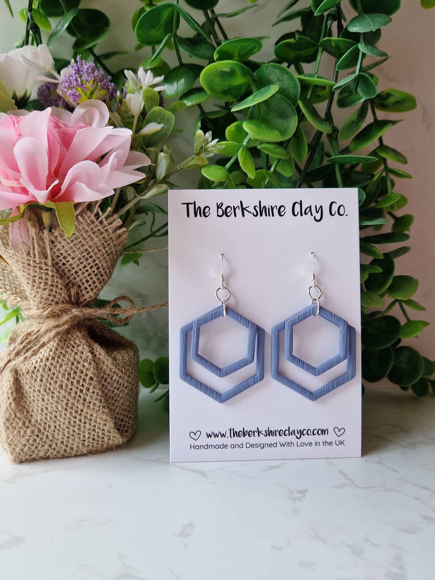 Blue Stone Hexagonal Layered Dangle Earrings