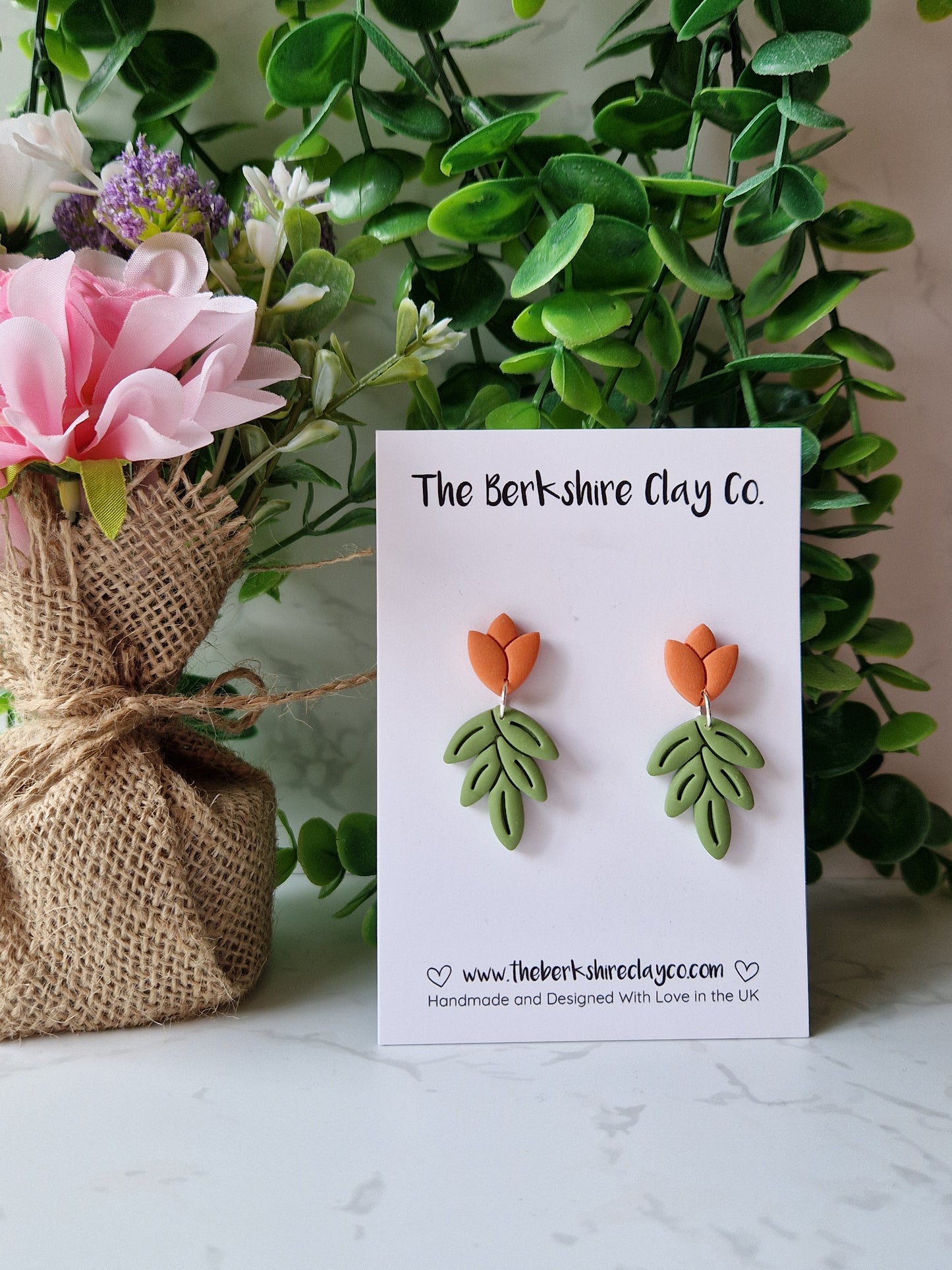 Orange Tulip Leaf Stud Dangle Earrings