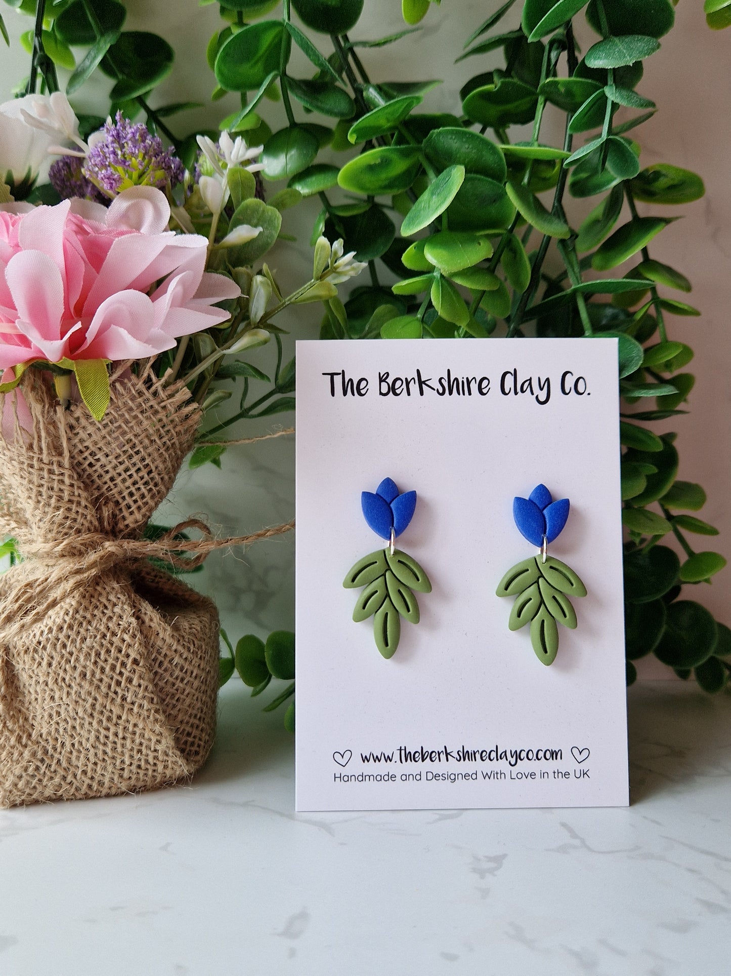 Blue Tulip Leaf Stud Dangle Earrings