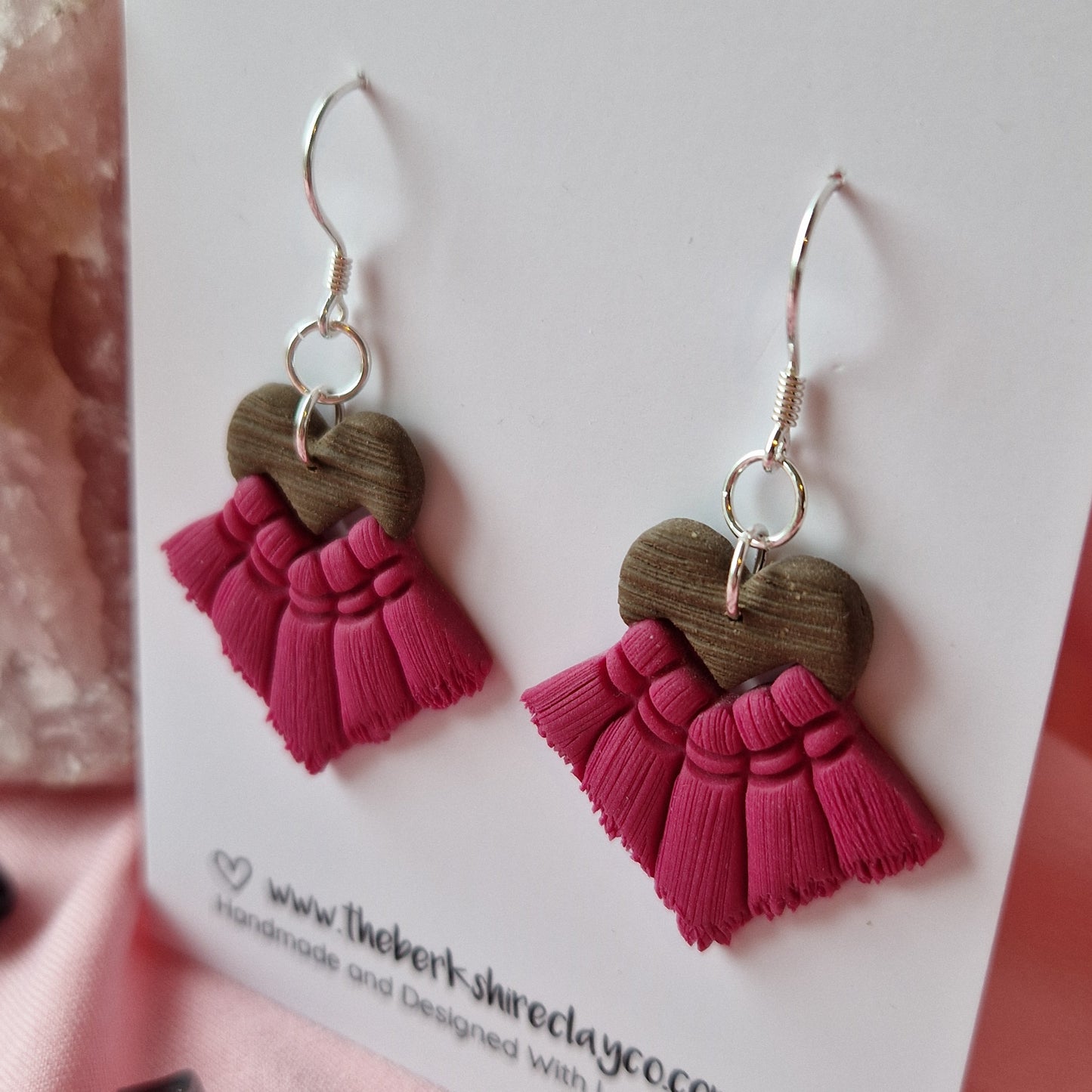 Pink & Brown Macrame Inspired Heart Dangle Earrings