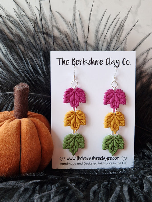 Turnip, Yellow, and Green Triple Maple Leaf Dangle Earrings
